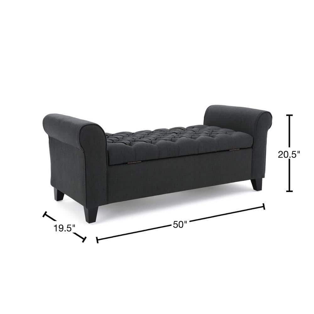 Dark Gray Tufted Fabric Storage Bench with Arms