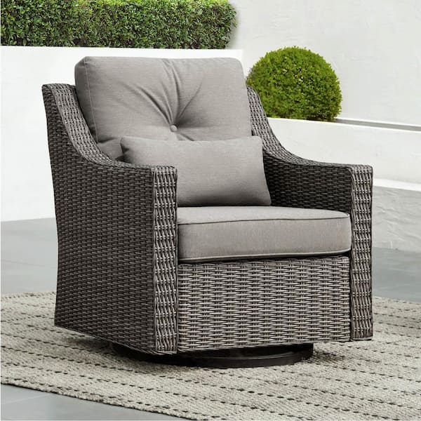 Spruce & Spring Thaddeus Grey Fabric Rocking Swivel Wicker Accent Chair Rattan Chair with Gray Cushions for Outdoor & Indoor