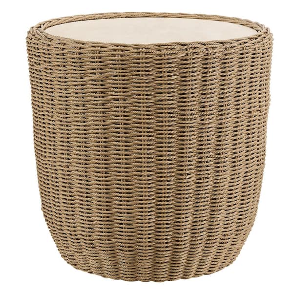 Aris 1-Piece Fully Assembled PE Wicker Side Table with Durable Cement Top for Outdoor Bistro Set with Cream Cushions