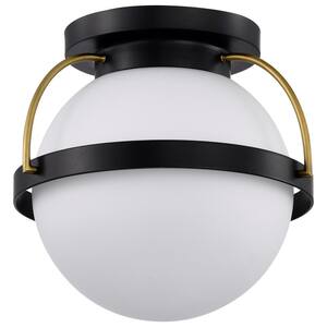 Lakeshore 10 in. 1-Light Matte Black Transitional Flush Mount with Etched White Glass Shade and No Bulbs Included
