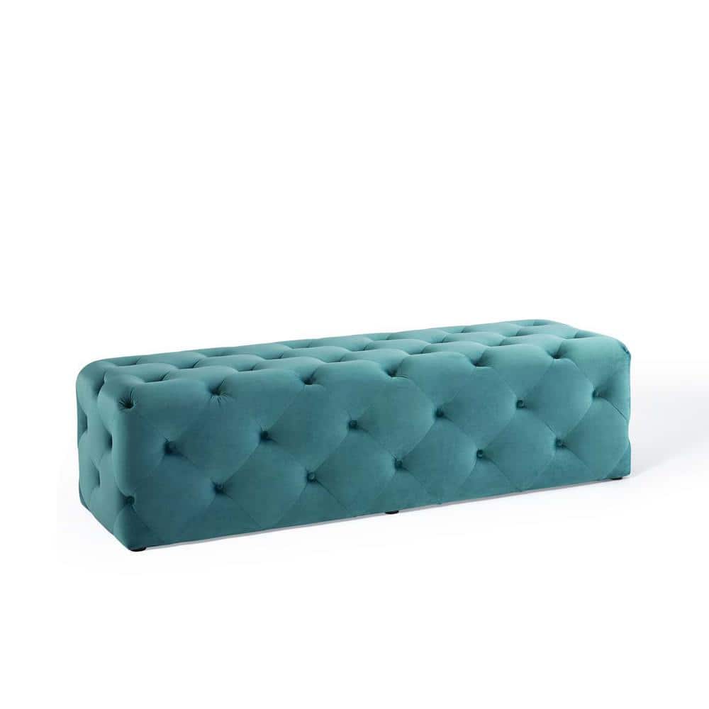Sea Blue Velvet Tufted 60" Bench with Deep Button Detailing