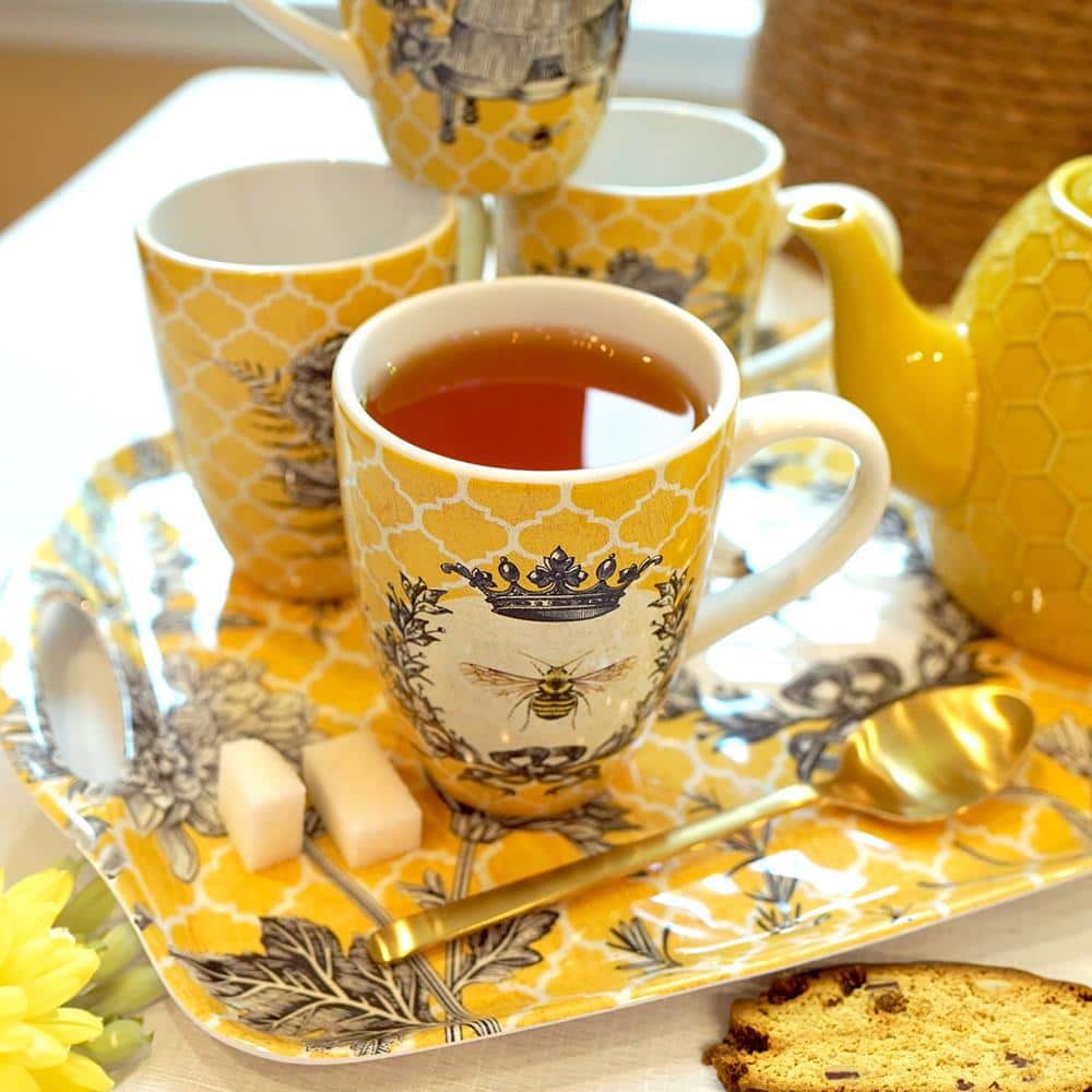 French Bees Yellow and White Ceramic 20 oz. Mugs, Set of 4