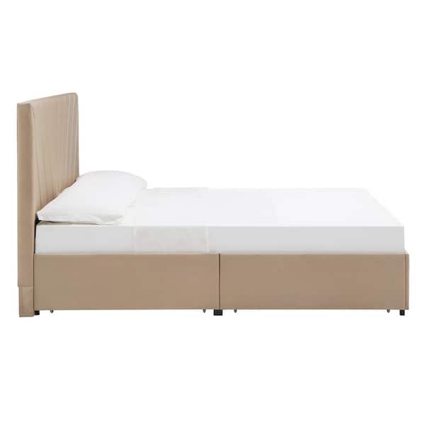 Beige V-Channel Headboard Storage King Platform Bed