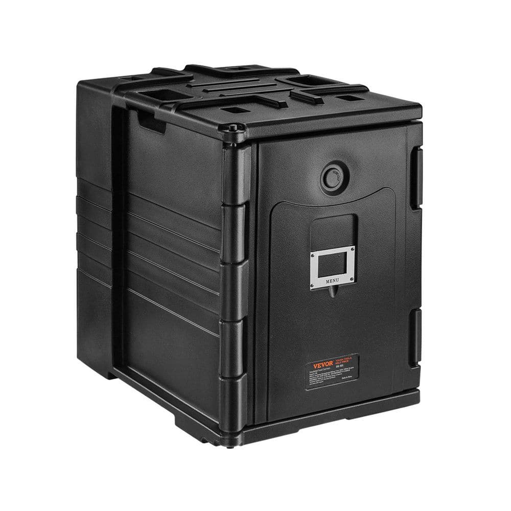 82 Qt. Black Polyethylene Insulated Food Pan Carrier, Specialty Flatware with Front Loading Food Warmer, Handles