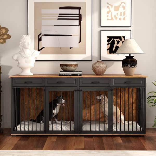 FUFU&GAGA Tiger Skin Large Dog Crate, Wooden Dog Crate Kennel with 4 Drawers and Divider Dog Crates for 2 Large Dogs, 86.6"