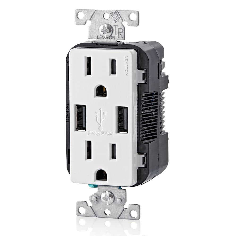 White Tamper Resistant Duplex Outlet with USB Ports