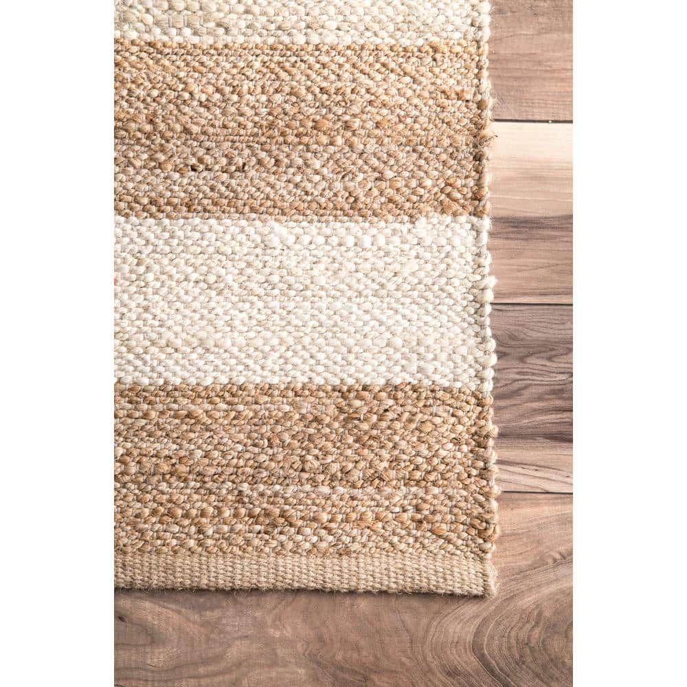 Off-White and Beige Striped Jute Cotton 3' x 5' Area Rug