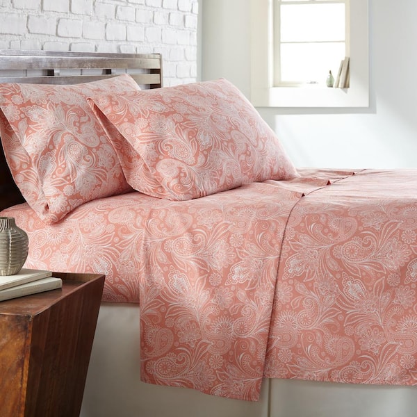 Southshore Fine Linens Perfect Paisley 4-Piece White Paisley on Coral Microfiber Queen Deep Pocket Sheet Set
