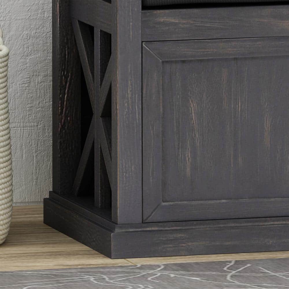 Sandblast Dark Gray Acacia Wood Storage Bench with Black Cushion