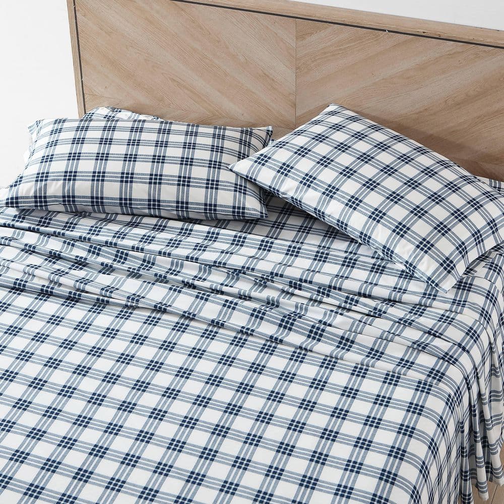 Navy and White Plaid Cotton Percale Queen Sheet Set