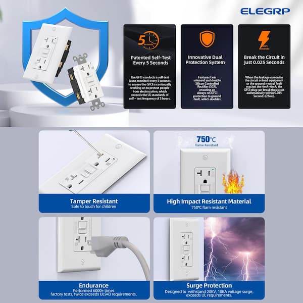 GFCI Outlet Self-Test, 20 Amp 125V Weather Resistant Duplex wall outlet, with Glossy Wall Plate, UL Listed, White 10PC