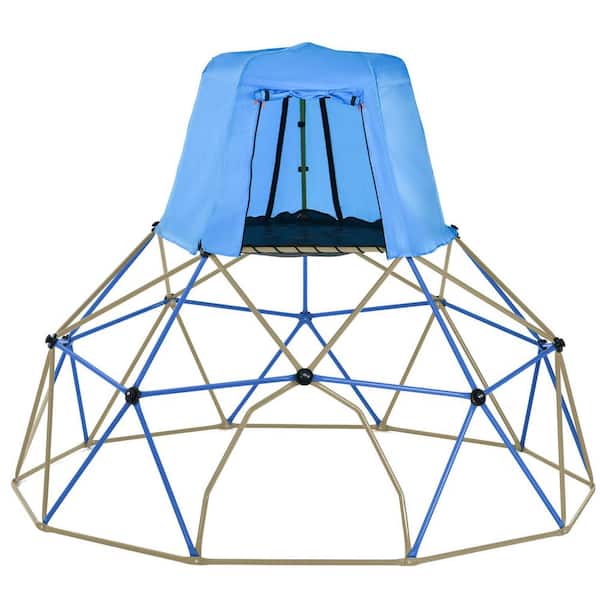 Tidoin 10 ft. Blue Steel Outdoor Kids Jungle Gym Climbing Dome with Canopy and Playmat Supporting 1000 lbs.