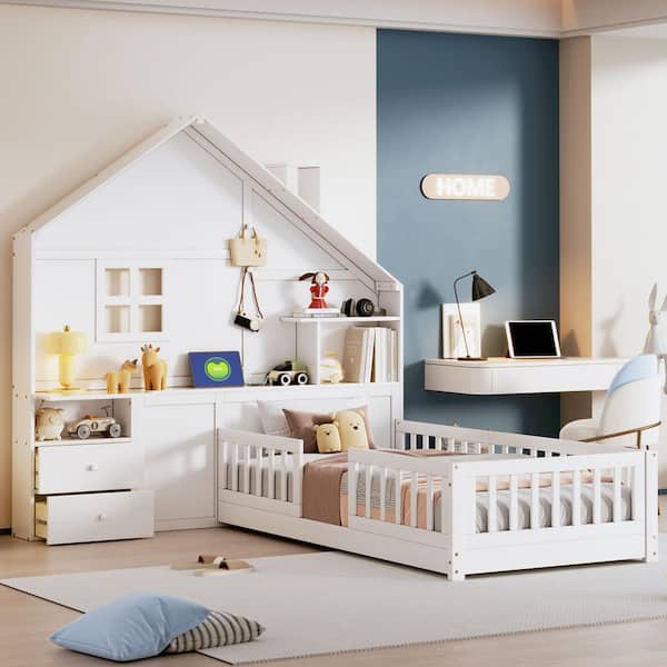 White Twin Size Wood House Platform Bed with Window and Chimney, 3 Bedside Drawers, Shelves, Sockets and USB Charging
