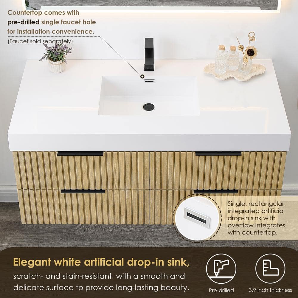 Livia 48" Nature Brown Fir Wood Wall-Mounted Vanity with White Sink