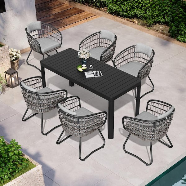 7-Piece Metal Rectangle Outdoor Dining Set with Gray Cushion, Aluminum Extension Table and Steel Rattan Chairs