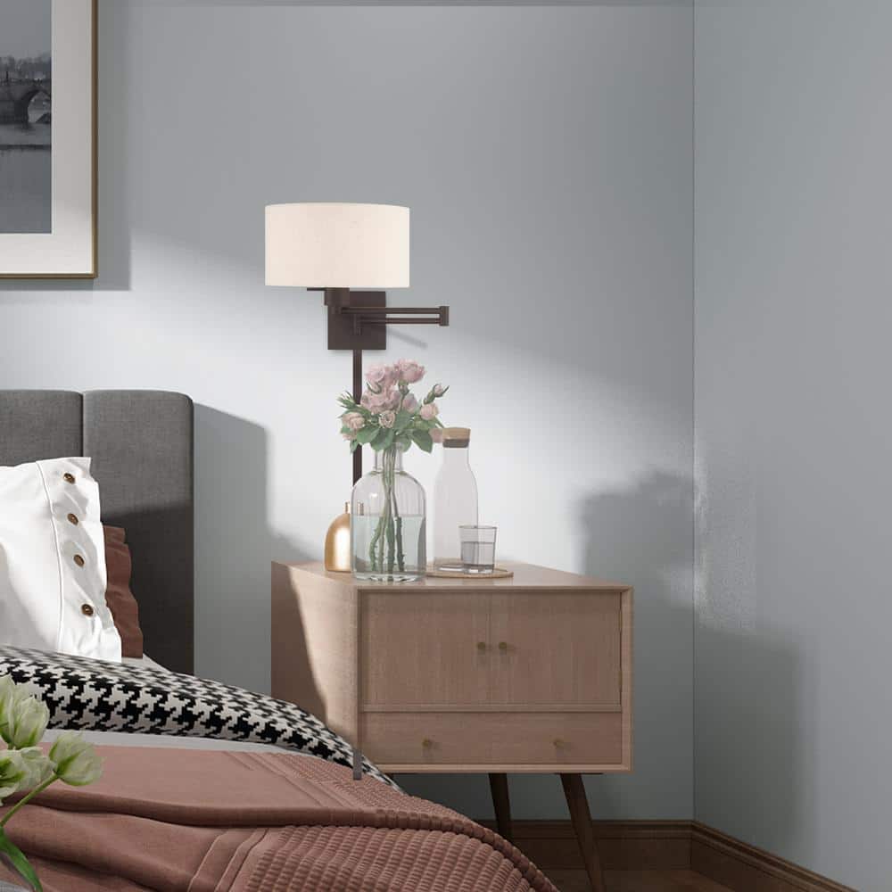 Bronze Swing Arm Wall Lamp with Oatmeal Shade