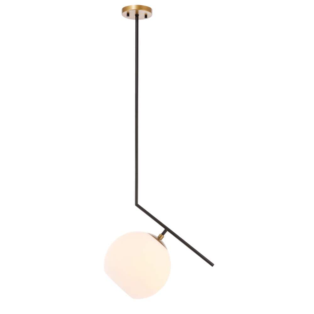Timeless Home 10 in. 1-Light Black And Brass And Frosted White Glass Pendan