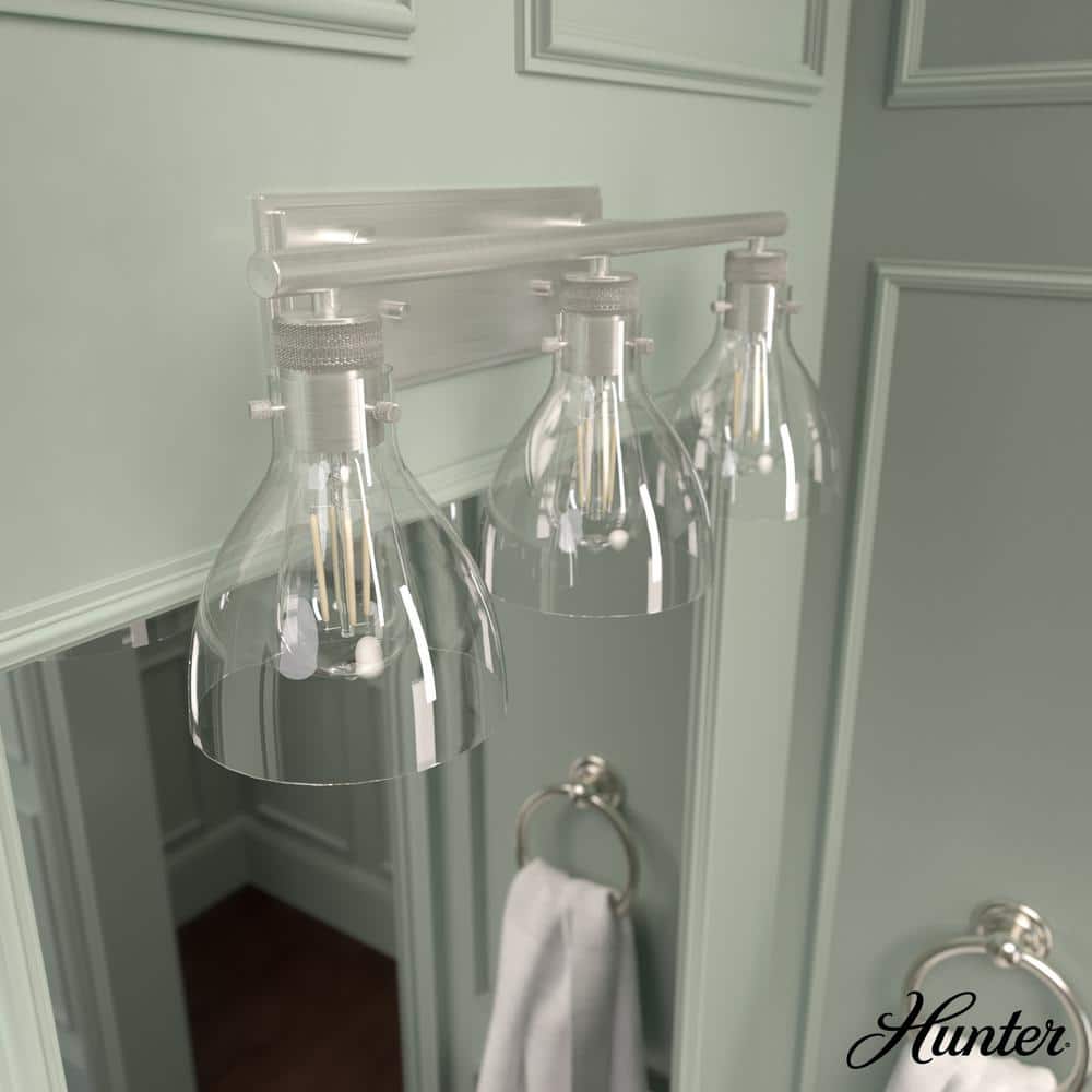 Hunter Brushed Nickel 3-Light Vanity Fixture with Clear Glass Shades