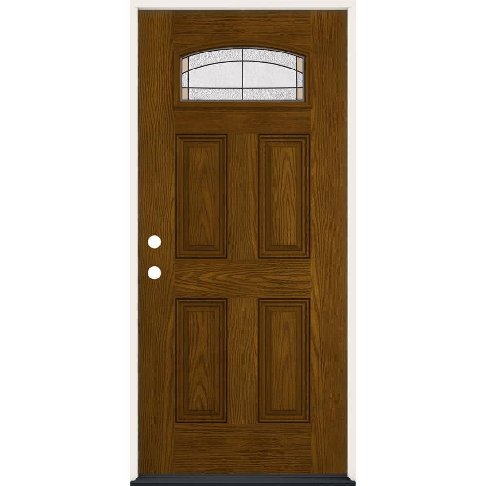 36 in. x 80 in. Right-Hand Camber Top Ballantyne Decorative Glass Mocha Fiberglass Prehung Front Door -  JELD-WEN, THDJW239800006