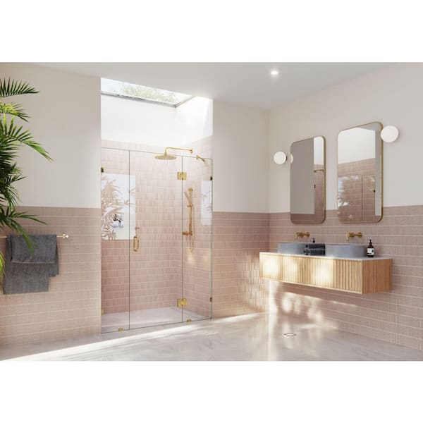 Glass Warehouse Stellar 57 in. W x 78 in. H Glass Hinged Pivot Frameless 3-Panel Inline Shower Door in Polished Brass