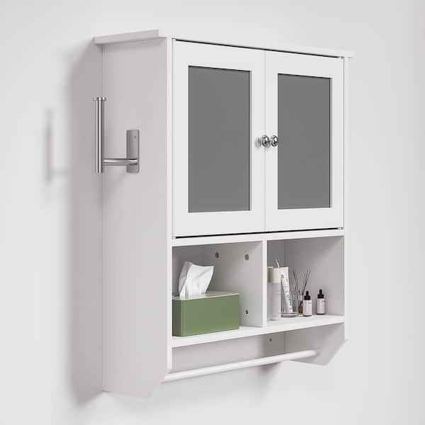 Bathroom Cabinet with LED Light Wall Mounted Medicine Cabinet with Towel Bar, 27.6 in. Accent Storage Cabinet, White