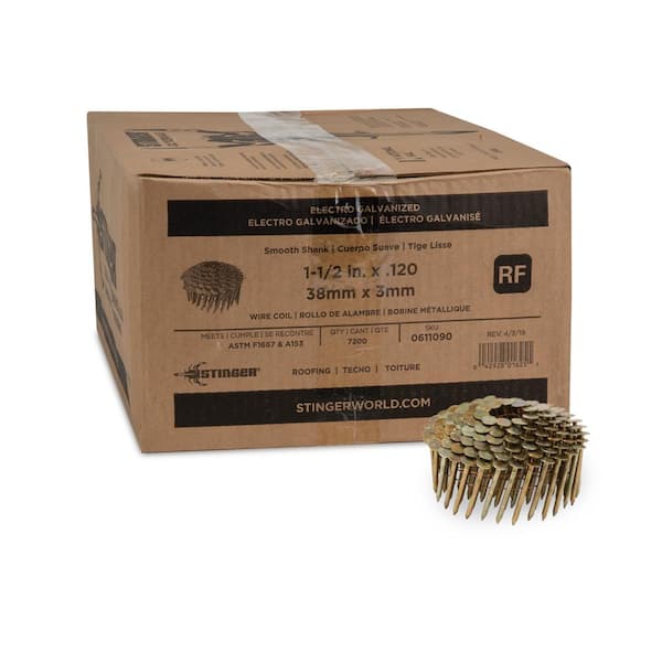 Stinger 1-1/2 in. x 0.120-Gauge Electro Galvanized Smooth Shank Wire Coil Roofing Nails (7200 Per Box)