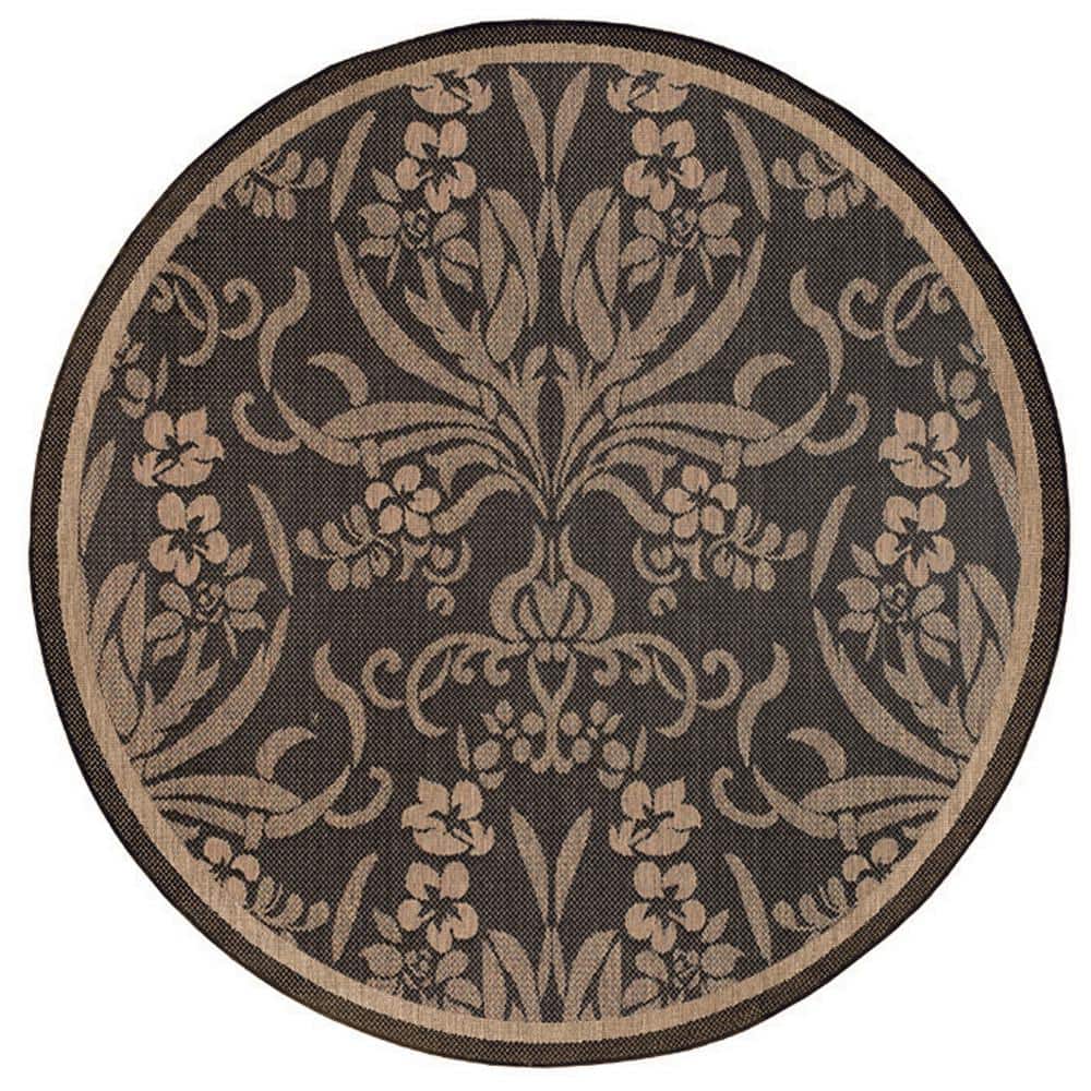 Black and Cocoa Round Stain-Resistant Synthetic Rug, 7'6"