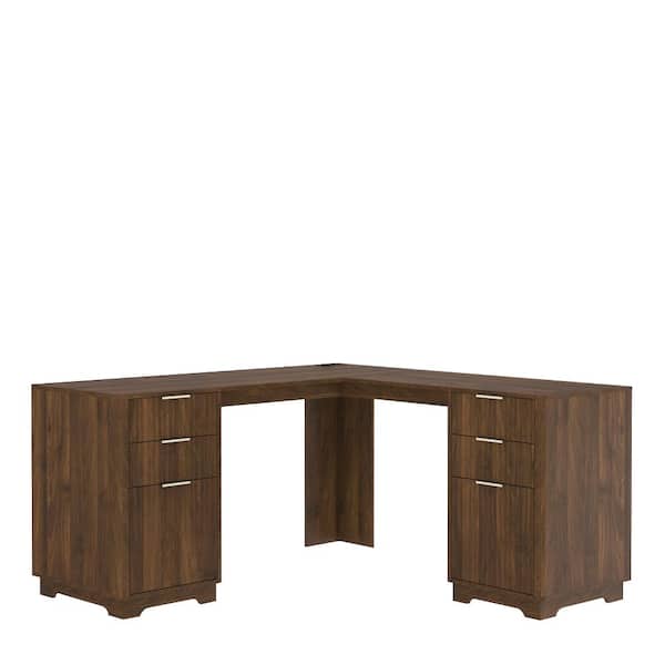 Brown 2 in 1 L-Shaped Computer Desk with Charging Station Drawers Bookshelf Writing Desk Corner Gaming Desk w/Storage