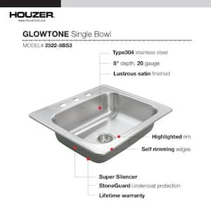 Houzer Glowtone 25 in. Stainless Steel Topmount 3-hole Single Bowl 8 in. Deep Kitchen Sink - 2522-8BS3-1