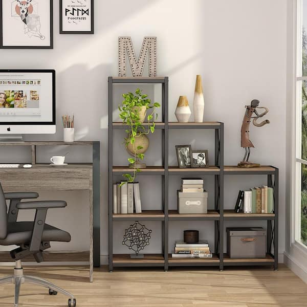 Earlimart 51.57 in. Rustic Brown Engineered Wood and Metal 4-Shelf Etagere Bookcase with 12-Cube Storage Organizer