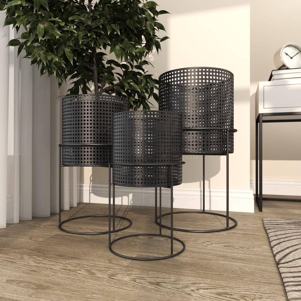 Set of 3 Black Metal Perforated Cylinder Floor Planters