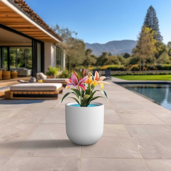 17 in. Large Crisp White (Enhanced Interior) Concrete Round Planter / Pot with Drainage Holes