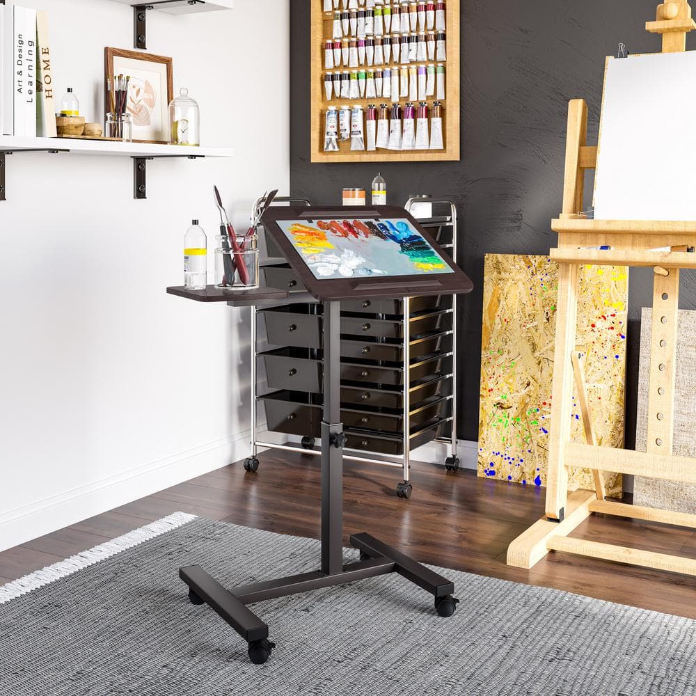 Walnut Adjustable Height Rolling Laptop Desk with Side Table