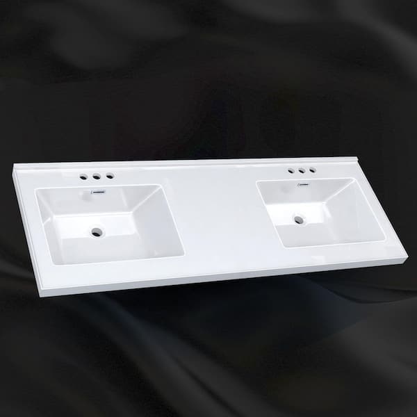 Ter 61 in. W x 22 in. D Solid Surface White Rectangular Double Sink Vanity Top with Backsplash and Basin 3-Hole in White