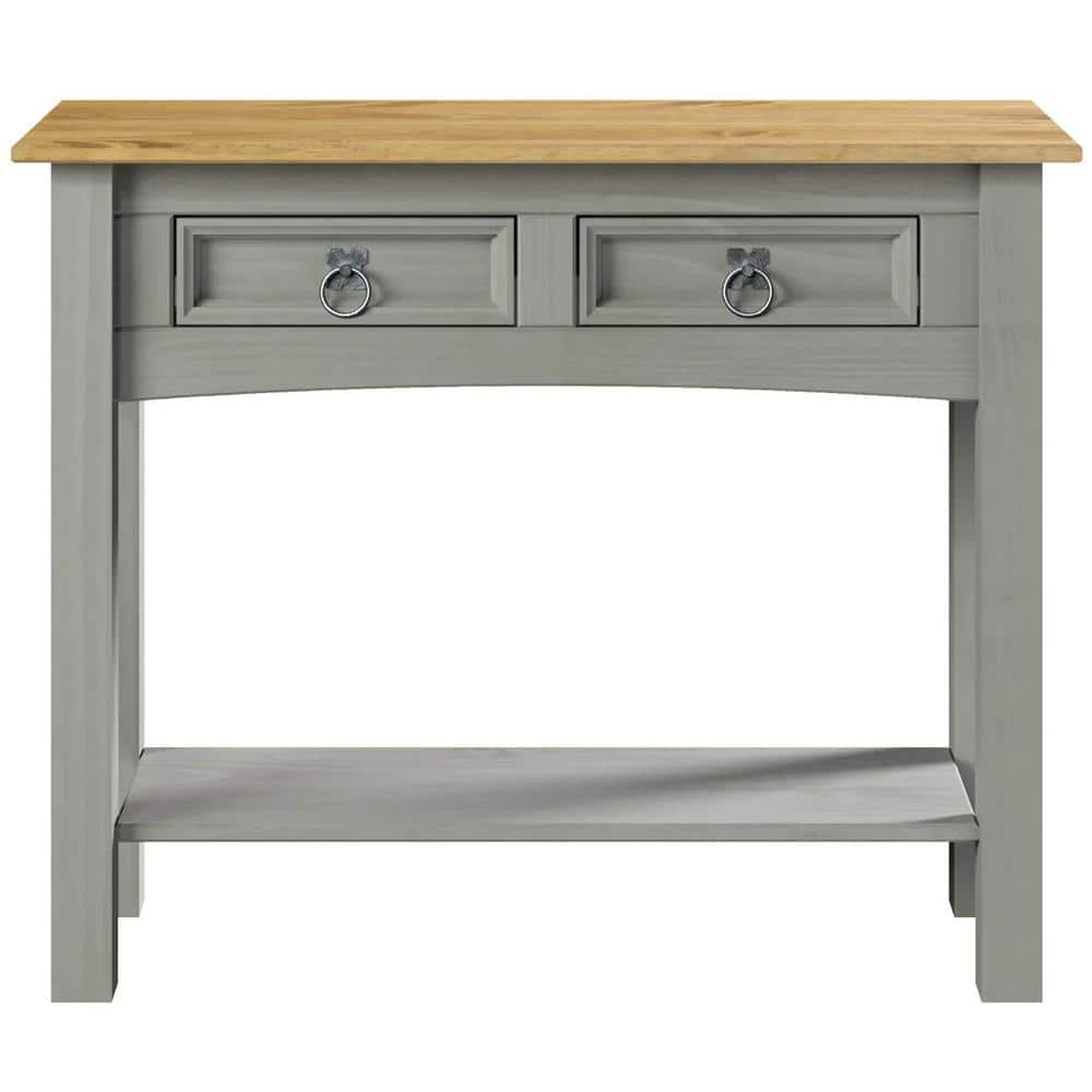 Gray and Antique Brown Solid Pine Console Table with Storage