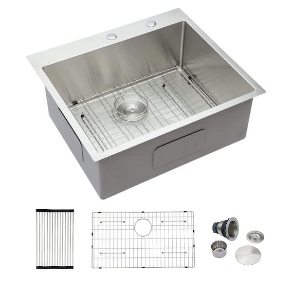 25" x 22" Drop-In Kitchen Sink, 16 Gauge 304 Stainless Steel Single Bowl, Round Corner Topmount Kitchen Basin