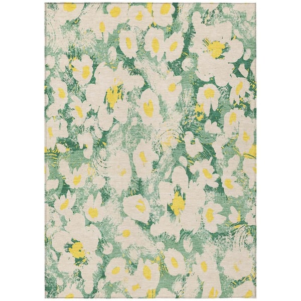 Floral Rectangular Rug HomeRoots Green 5 ft. x 8 ft. Woven Floral Rectangle Indoor/Outdoor ...