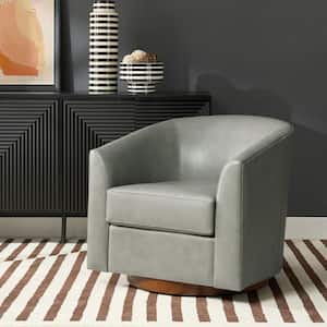 Teeny Sage Modern Geniun Leather Swivel Barrel Chair with Solid Wood Base