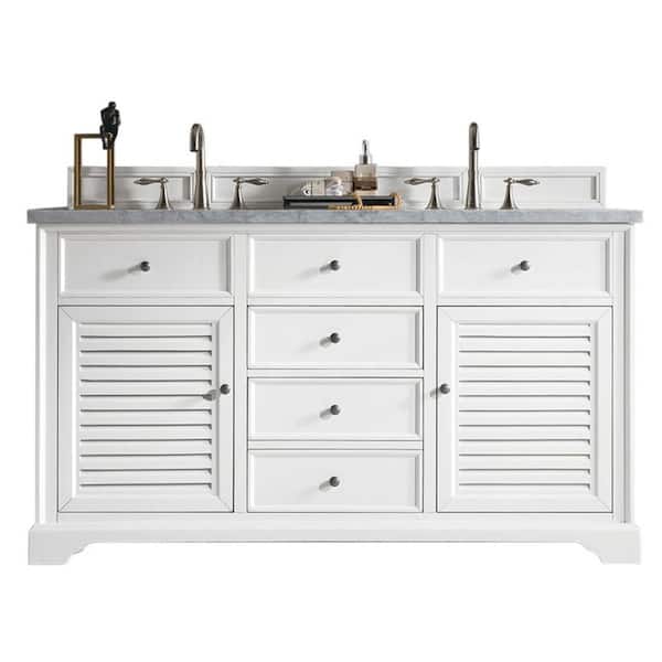 James Martin Vanities Savannah 60 in.W x 23.5 in.D x 34.3 in.H Double Vanity in Bright White with Marble Top in Carrara White