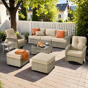 Torino Gray 9-Piece Modern Wicker Patio Conversation Deep Seating Set with Swivel Rocking Chairs and Beige Cushions