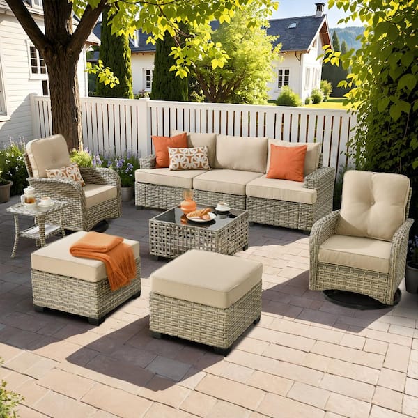 Torino Gray 9-Piece Modern Wicker Patio Conversation Deep Seating Set with Swivel Rocking Chairs and Beige Cushions
