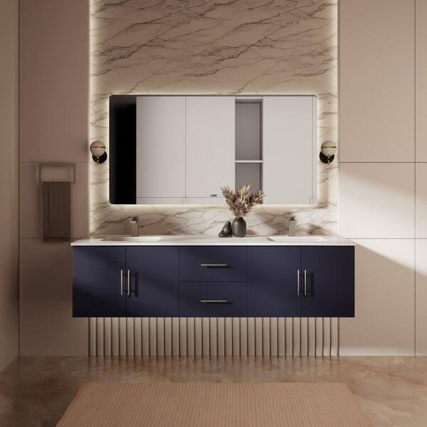 Lexora Geneva 72 in. W x 22 in. D Navy Blue Double Bath Vanity, White Quartz Top, and 30 in. LED Mirrors