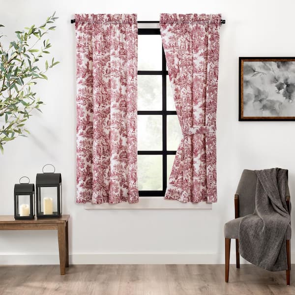 Ellis Curtain Victoria Park Red Cotton Toile Rod Pocket Room Darkening Curtain - 34 in. W x 63 in. L (Set of 2)