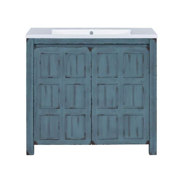 Ziyudura 36 in. Single Sink Freestanding Blue Bath Vanity with White Resin Top, Adjustable Shelves, Invisible Handle