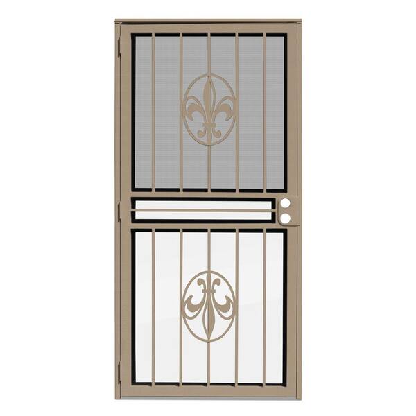 Unique Home Designs 28 in. x 80 in. Fleur de Lis Tan Recessed Mount All Season Security Door with Insect Screen and Glass Inserts