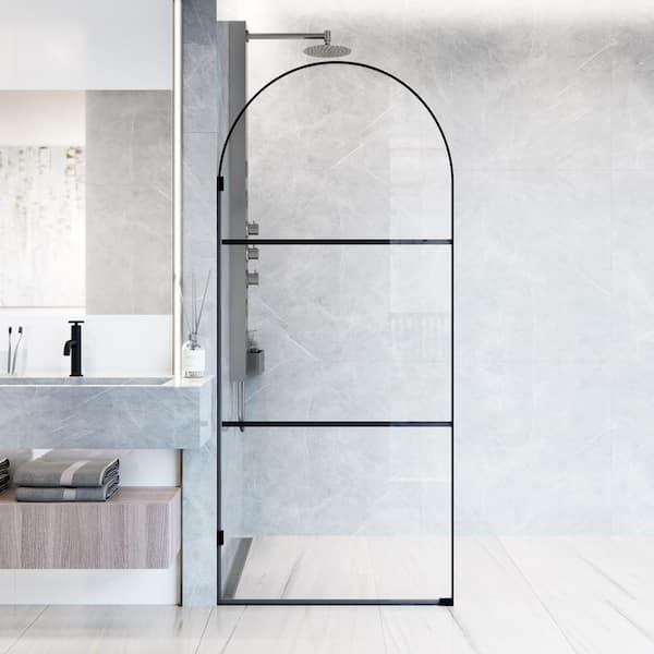 VIGO Arden 34 in. W x 78 in. H Framed Fixed Shower Screen in Matte Black with 3/8 in. (10mm) Clear Glass