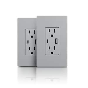 Gray 15 amp Tamper Resistant Receptacle Plug Duplex Outlet with USB-A, USB-C Charger, NEMA 5-15R, UL Listed (2-Pack)