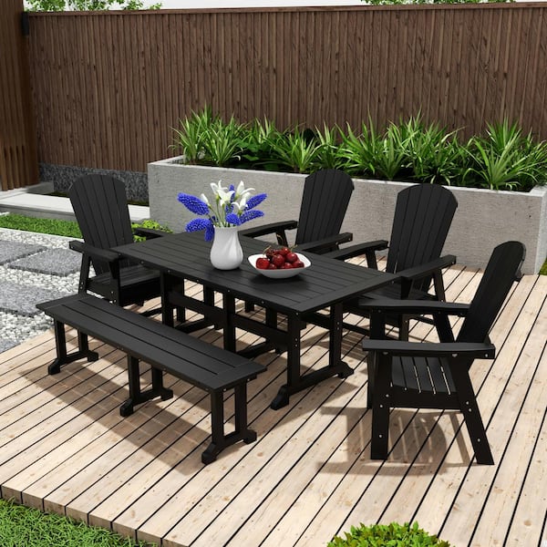 WESTIN OUTDOOR Altura Outdoor Patio Weather Resistant 6-Piece HDPE Plastic Black Rectangle Adirondack Dining Set With Bench