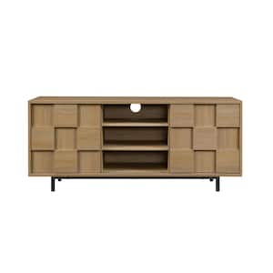 54.75 in. Coastal Oak Wood and Metal Modern Checkered TV Stand with 2 Sliding Doors for TVs Up to 55 in.