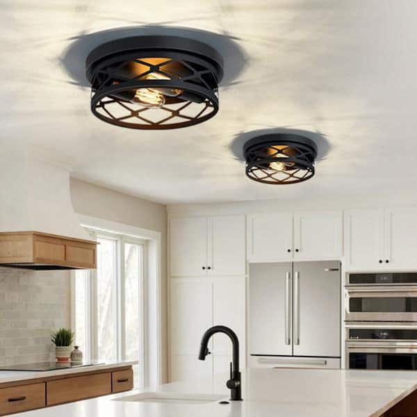 HKMGT 10.7 in. 2-Light Farmhouse Black Flush Mount Ceiling Light